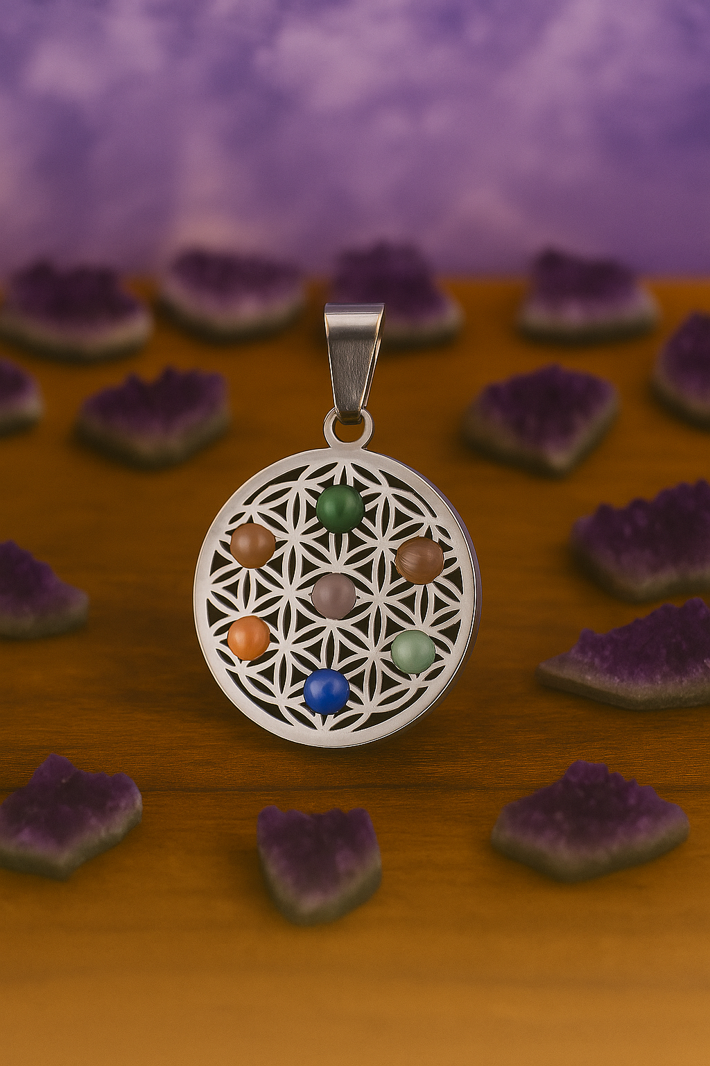 Colgante Flor de la Vida con 7 Chakras – Acero Inoxidable y Piedras Naturales