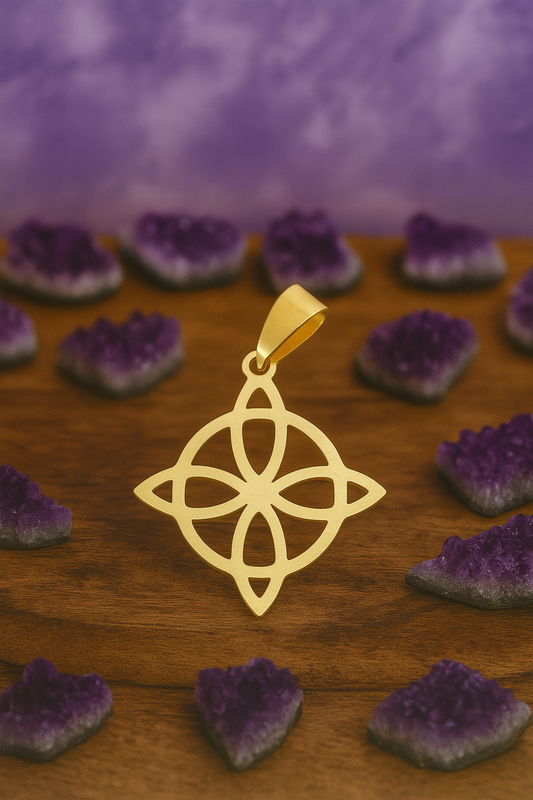 Colgante Nudo de Brujas en Acero Dorado – Amuleto de Protección